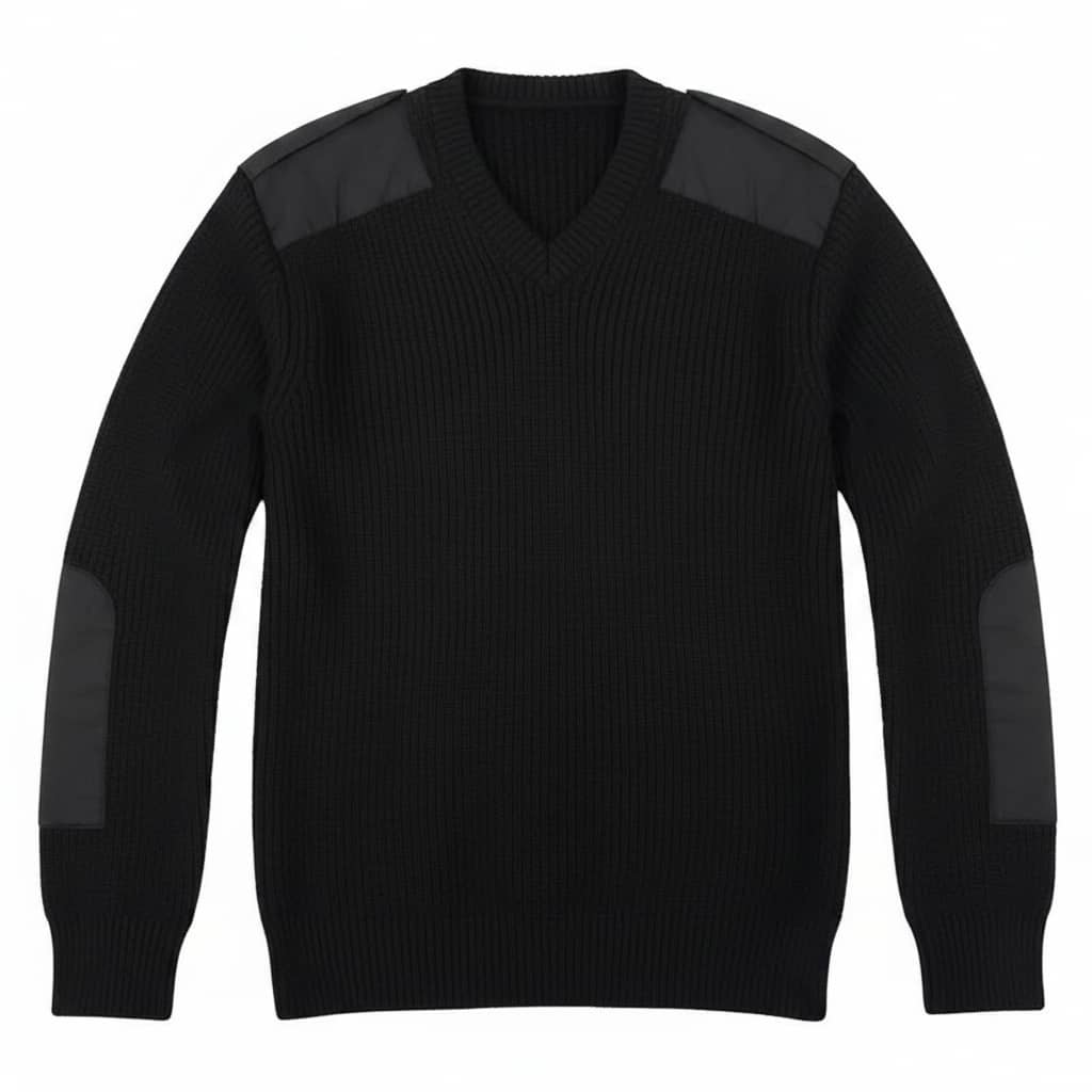 Black sweater with shoulder pads on a white background