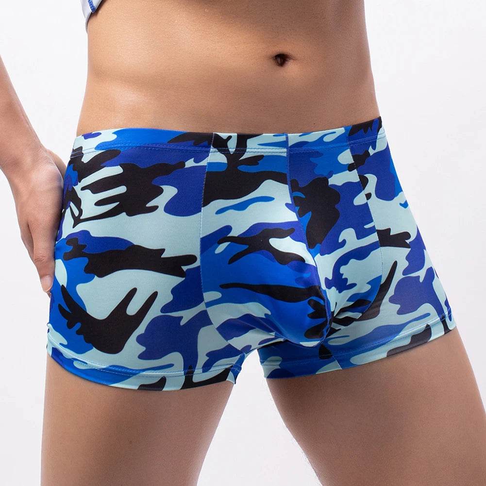 Mens Boxer Low Waist Underwear in Blue Camouflage for Comfortable Daily Wear