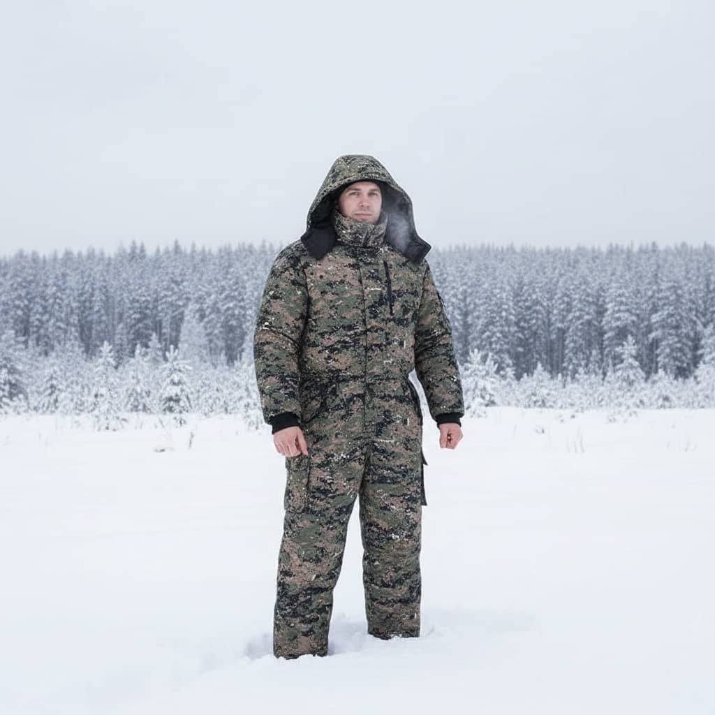 Mens cotton hooded snow overalls with zipper closure, pockets and winter outdoor design
