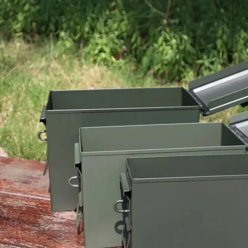Military green metal storage box with secure latch for outdoor storage