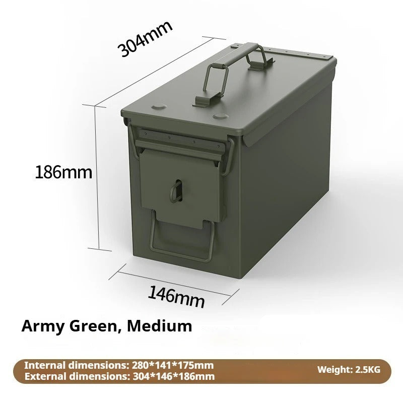 Metal storage box in army green for secure organization and outdoor use