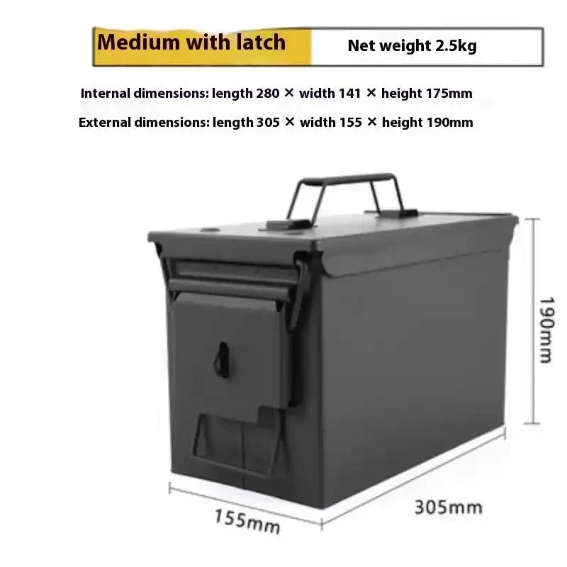 Medium black metal storage box with latch for secure storage