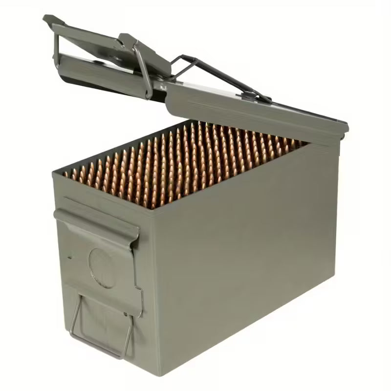 Durable metal storage box with secure lid, ideal for organizing ammunition and outdoor gear