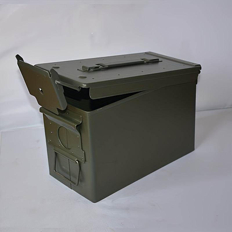 Durable metal storage box in olive green perfect for outdoor gear and supplies
