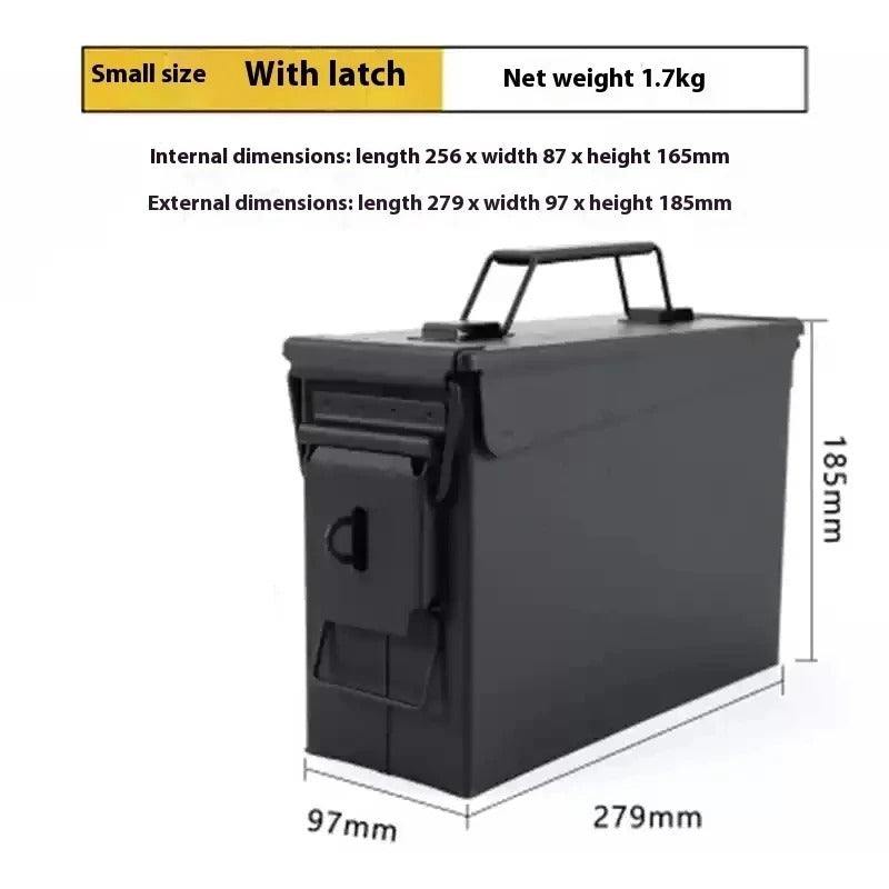 Small black metal storage box with latch for secure storage