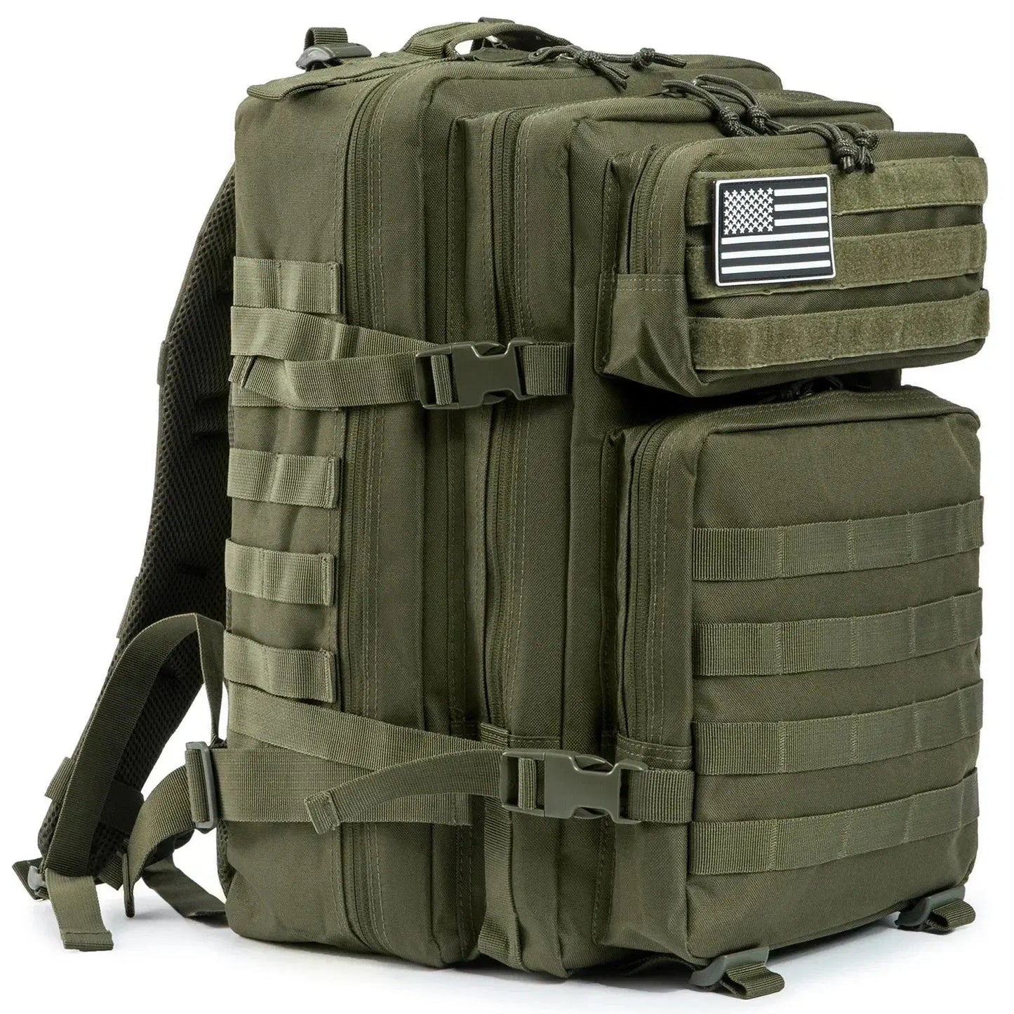 45L military rucksack in green featuring multiple pockets and MOLLE webbing for tactical use