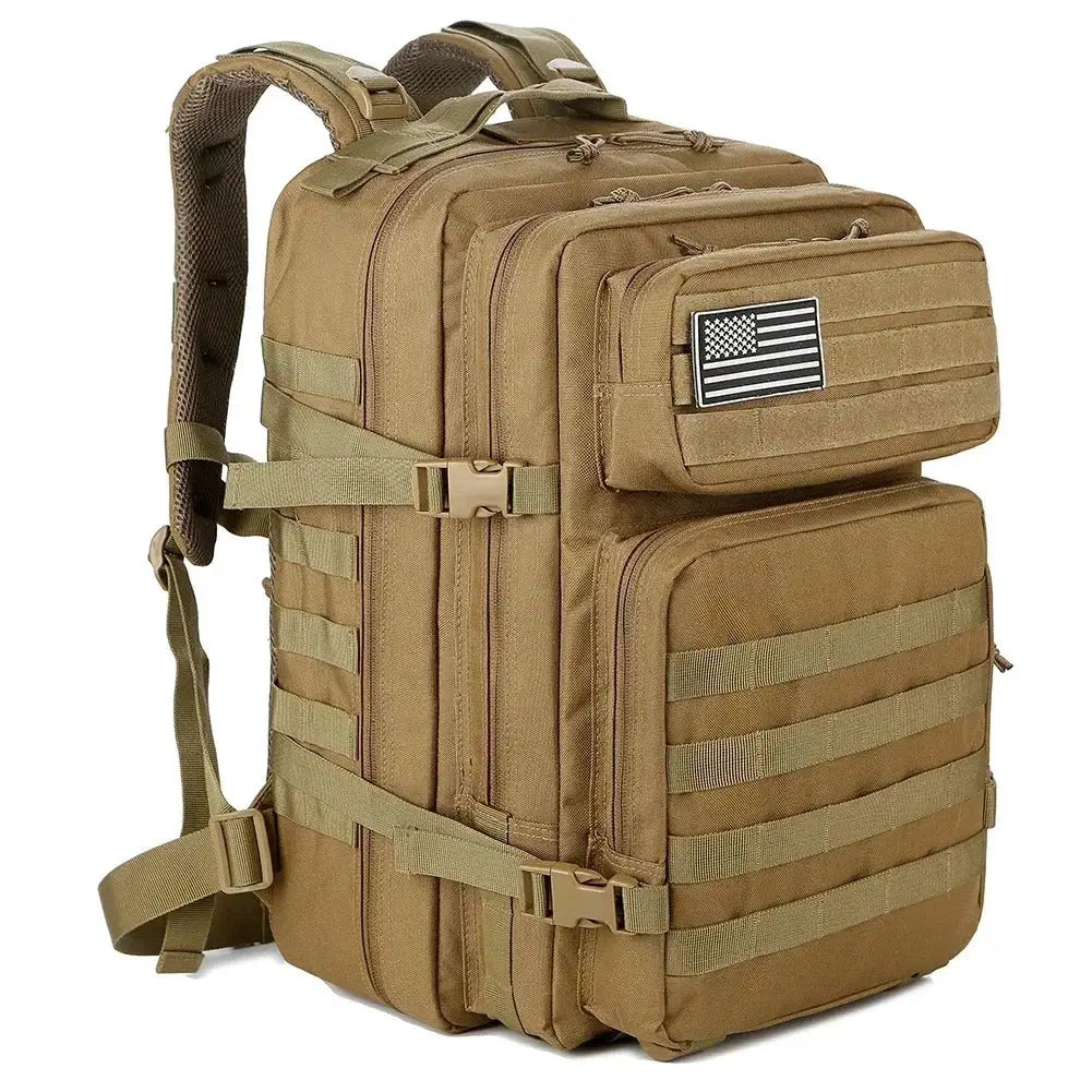 45L military rucksack in tan with multiple compartments and sturdy straps for outdoor adventures