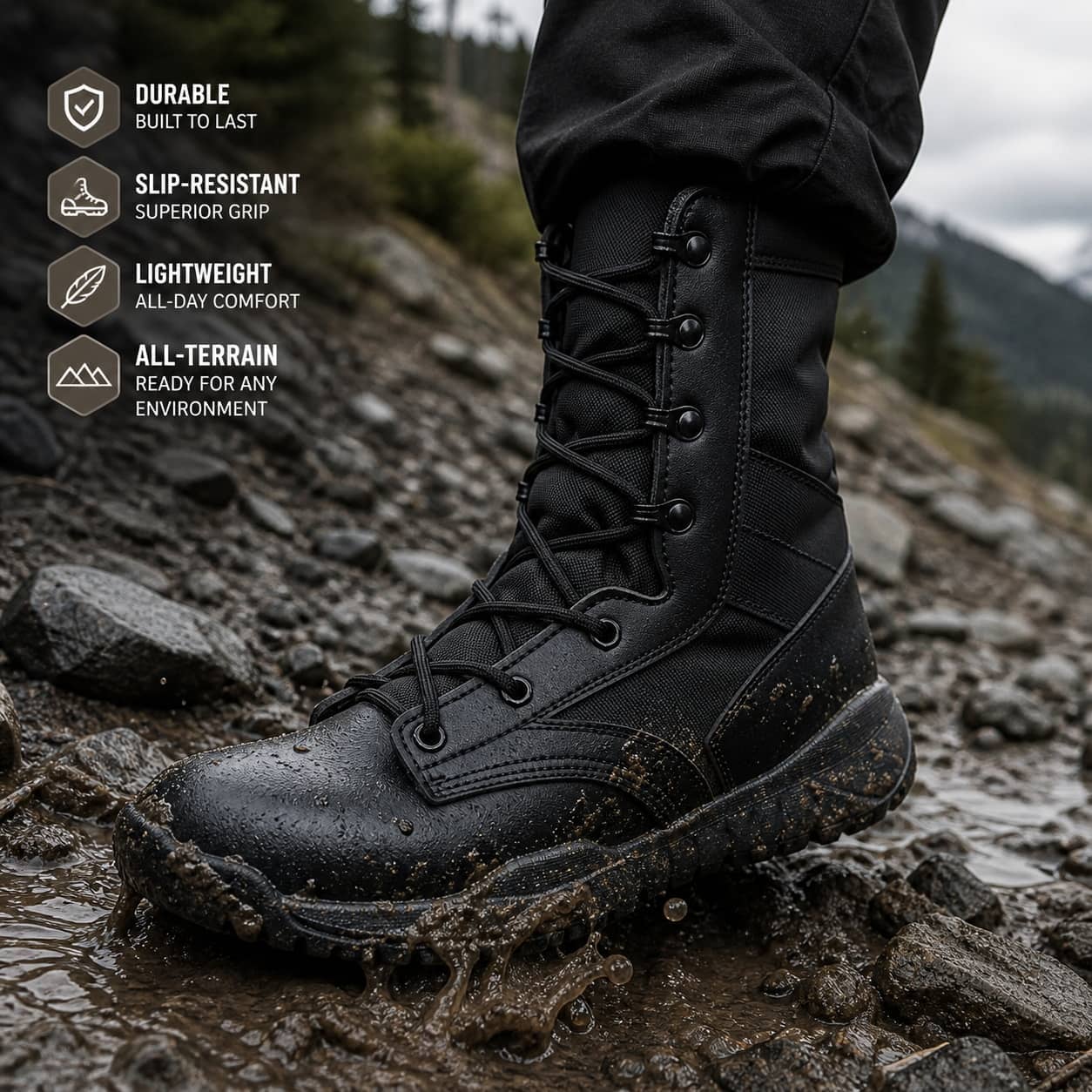 Lightweight military boots in black, all-terrain for durable support
