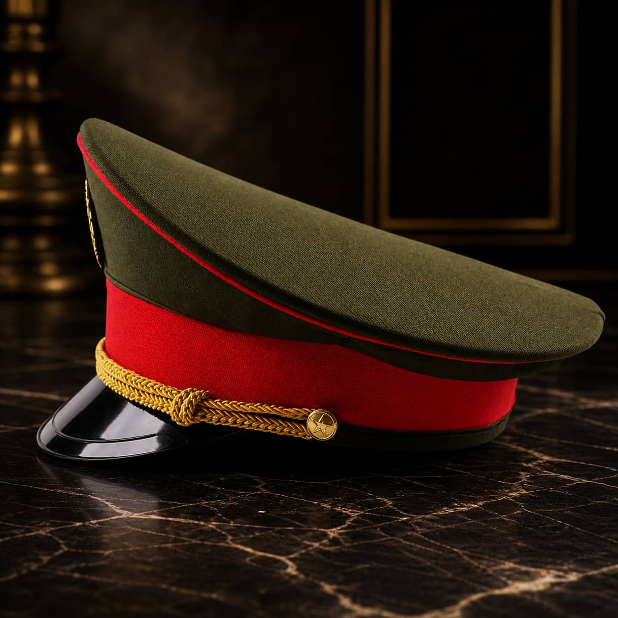 British military hat in green and red with decorative gold detailing