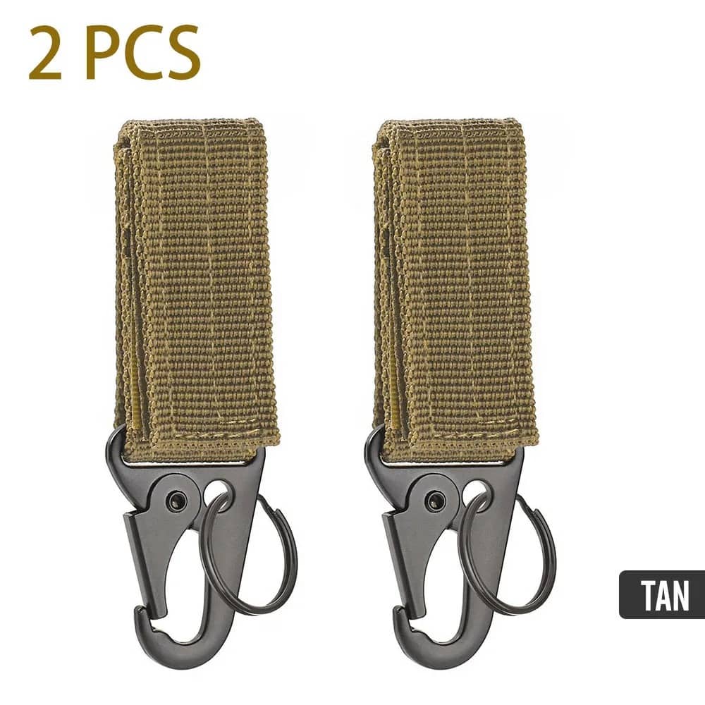 Tan military buckle strap with durable clip for outdoor gear