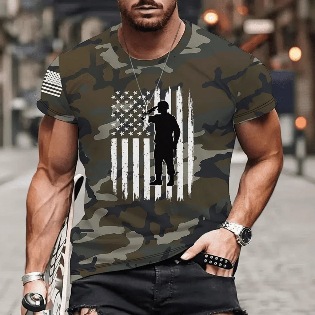 Camo Short Sleeve T-shirt featuring a soldier silhouette and American flag design