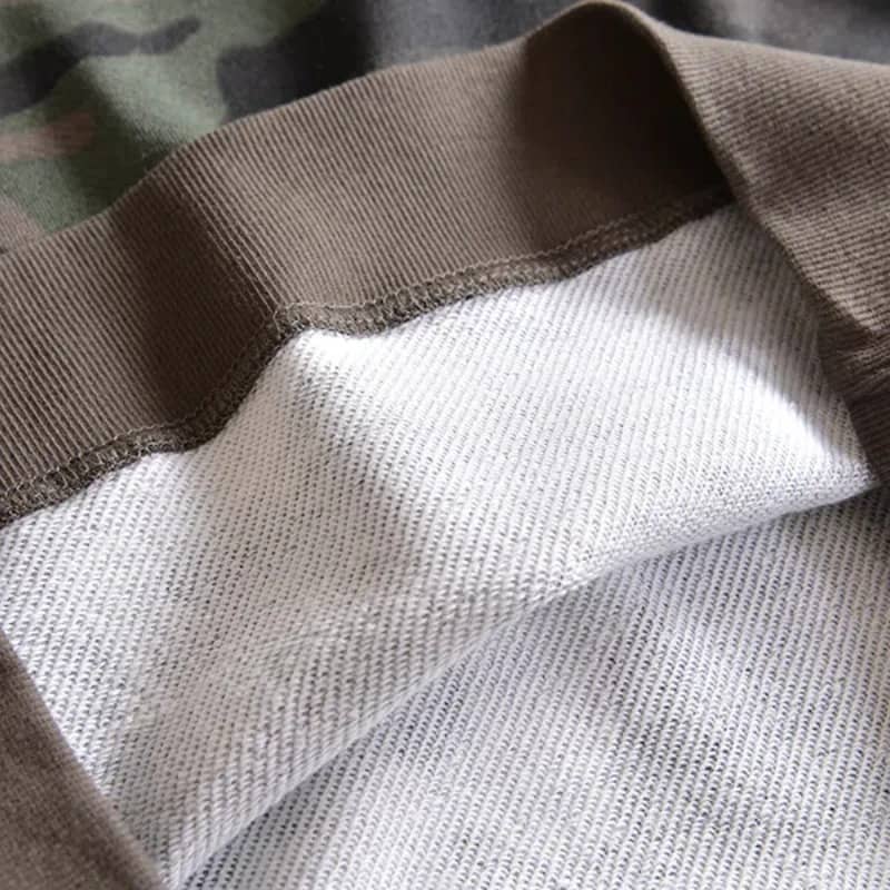 Military camouflage sweatshirt collar detail in brown and cream fabric