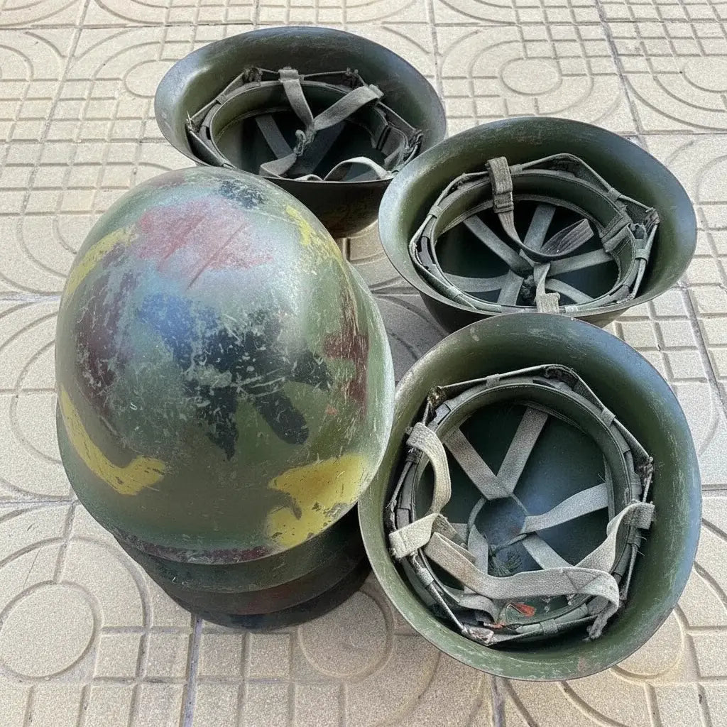 Four Chinese Army GK80 Helmets in Camouflage Design for Military Collectors and Outdoor Use