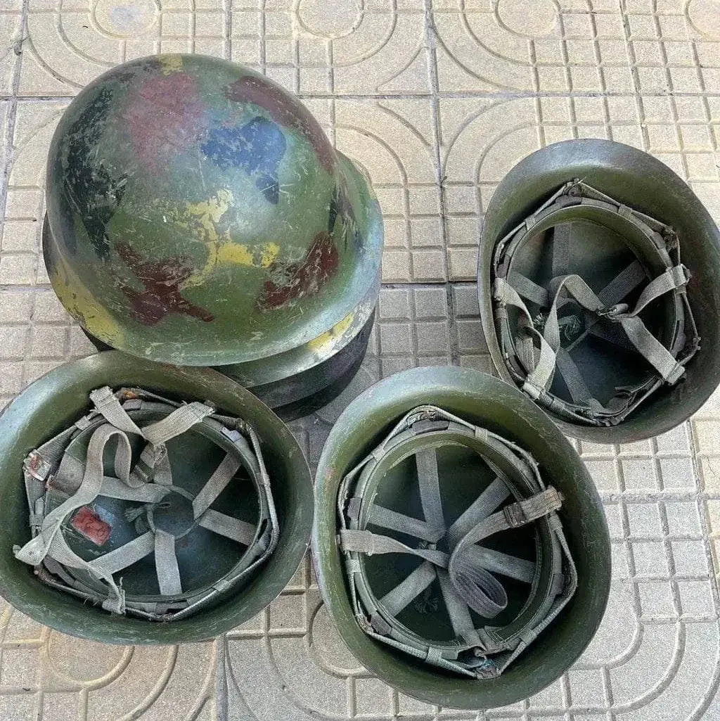 Set of used Chinese Army GK80 Helmets with removable liners in varied camo patterns for military collectors