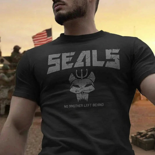 Men's black T-shirt featuring SEALS graphic, ideal for durable military clothing enthusiasts
