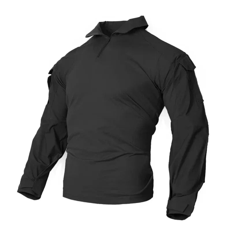 Military combat shirt in black with long sleeves and tactical design for outdoor activities