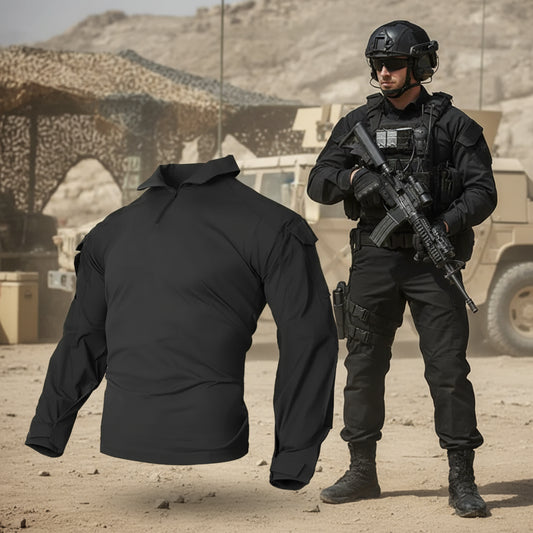 Black Military Combat Shirt with Long Sleeves and Tactical Design for Outdoor Activities