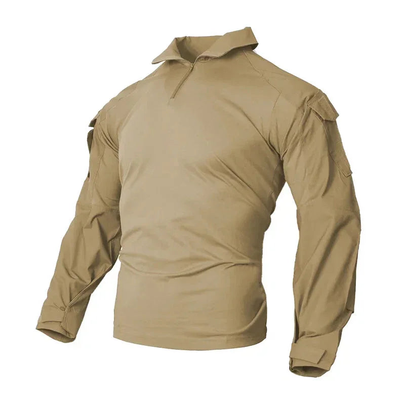 Military Combat Shirt in Tan with Long Sleeves and Tactical Design for Outdoor Activities