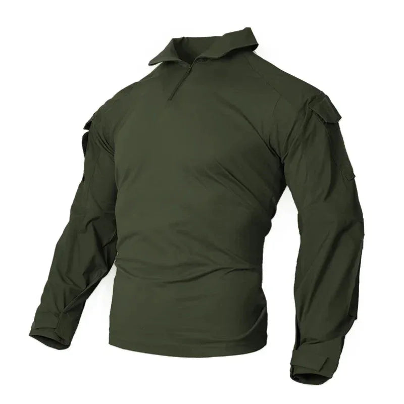 Green Military Combat Shirt with Long Sleeves and Tactical Pockets for Outdoor Activities