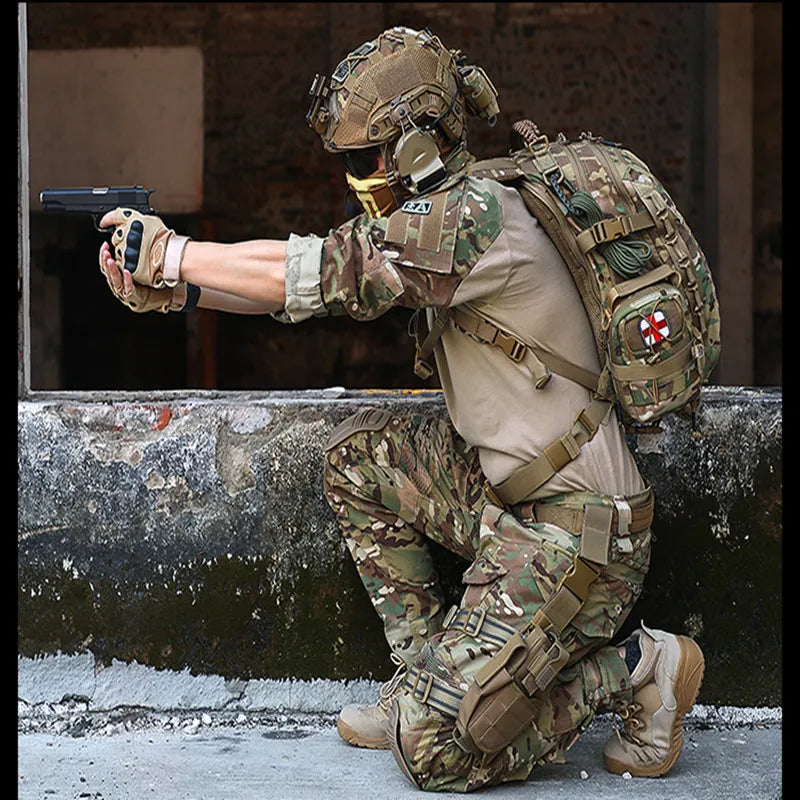 Military combat shirt worn by an operator in tactical gear during a training exercise