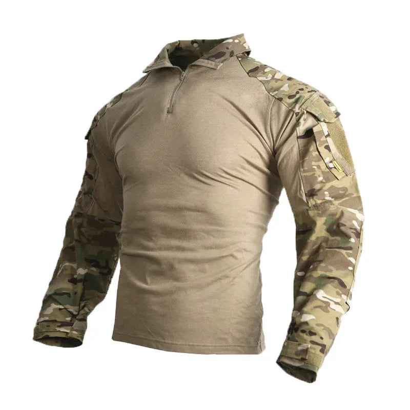 Military Combat Shirt in Tan with Camouflage Sleeves and Zippered Neck for Tactical Use