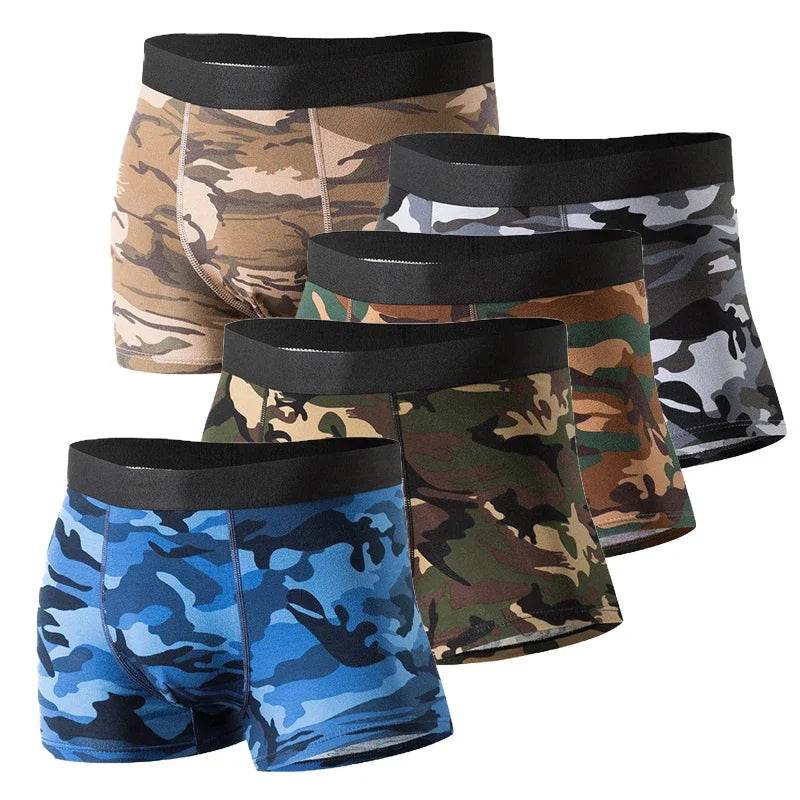 Set of military cotton boxers in various camouflage patterns for comfort and style