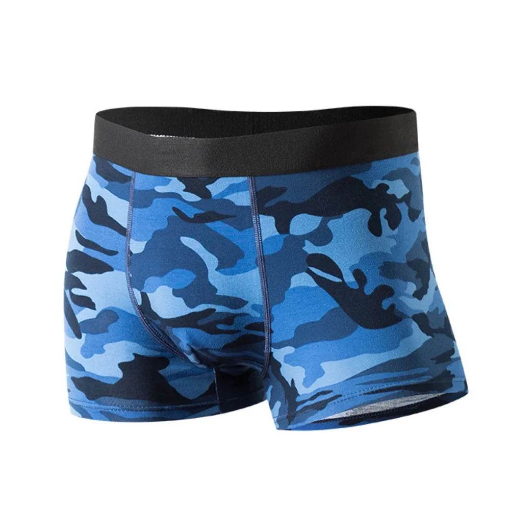 Camo military cotton boxers in blue with a comfortable elastic waistband for everyday wear