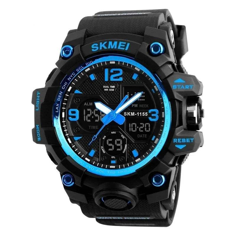 Black Military Digital Watch with Blue Accents and Dual Time Display