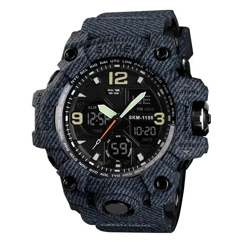 Military Digital Watch with Blue Camo Design and Dual Time Function