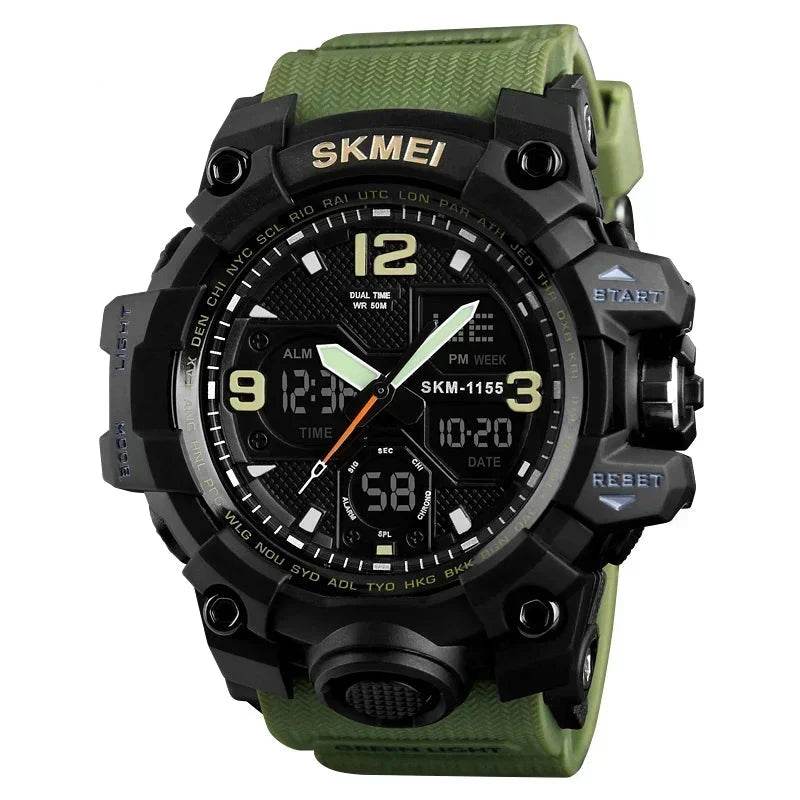 Military Digital Watch in Green with Dual Time and Alarm Features