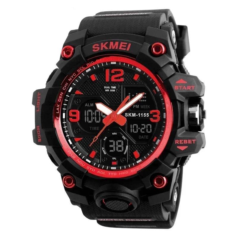 Military Digital Watch with Red Accents and Multiple Functions