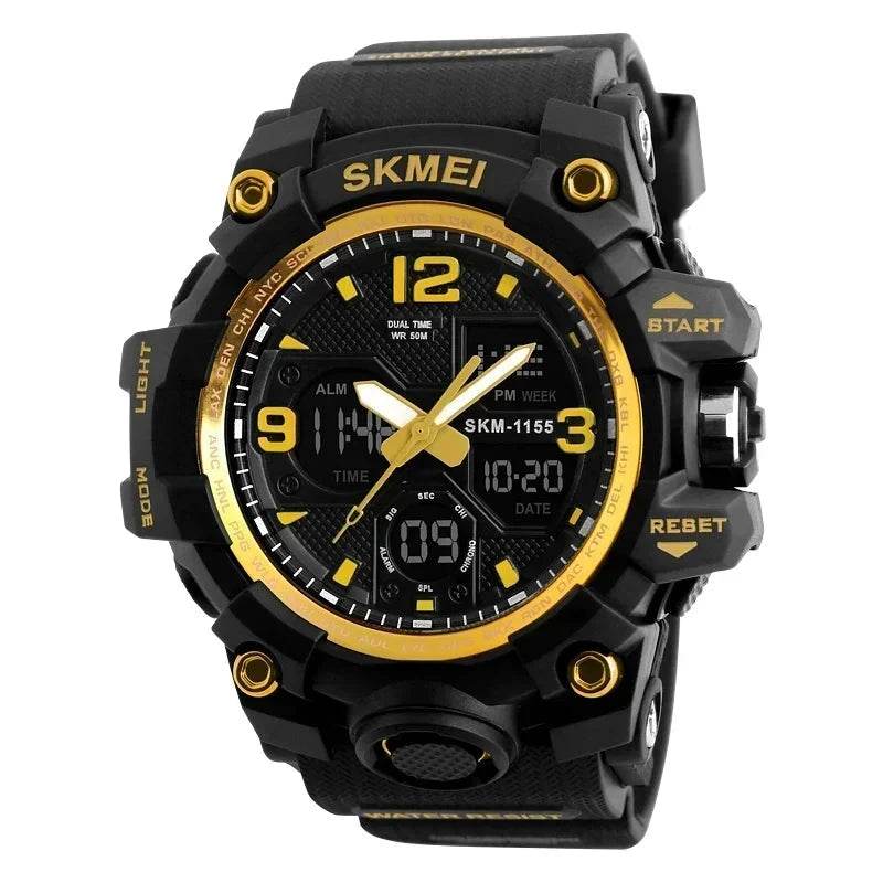 Black and Gold Military Digital Watch with Dual Time and Alarm Features