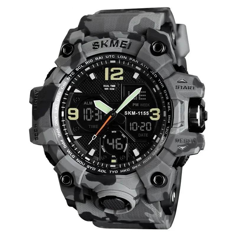 Military digital watch in camouflage with dual time display and alarm features