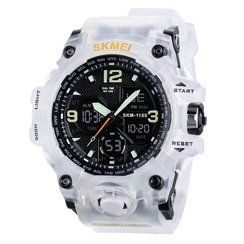 Military digital watch with transparent design and multifunction features