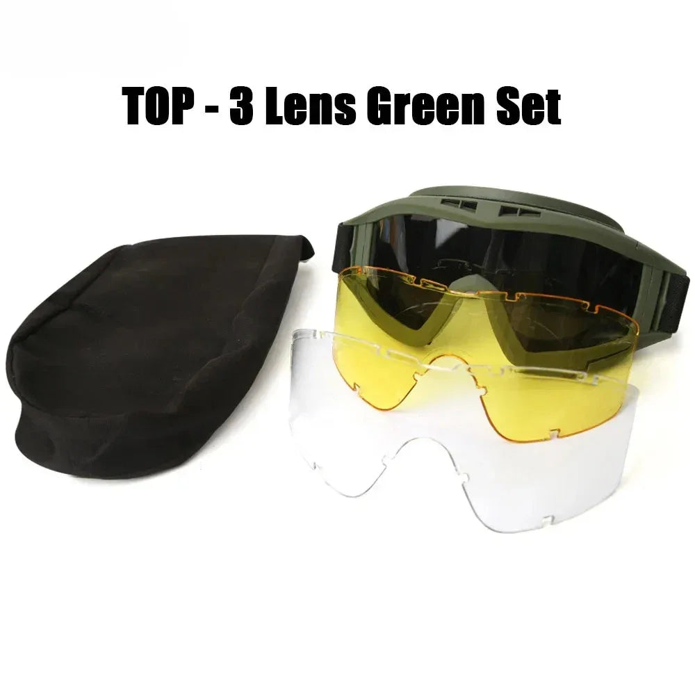 Military eyewear set with three interchangeable lenses in green