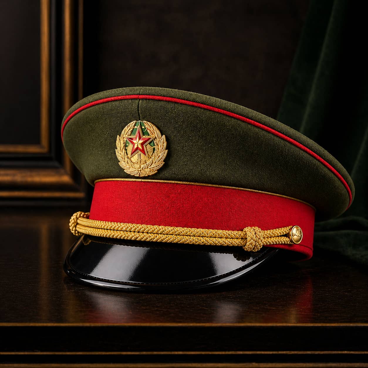 Green British military hat with red accents and gold details