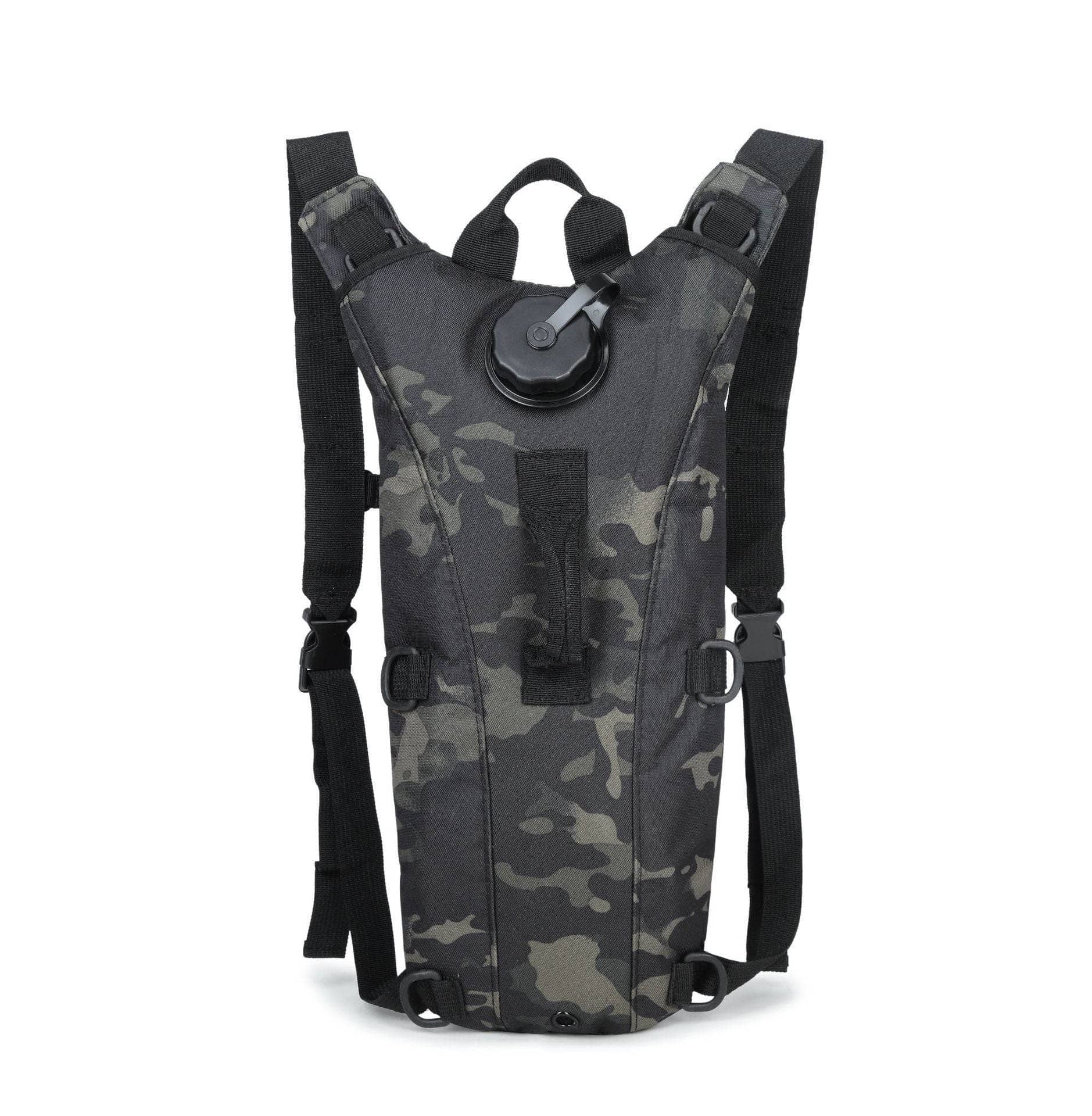 Military hydration backpack 3L in black camo design with adjustable straps for outdoor activities