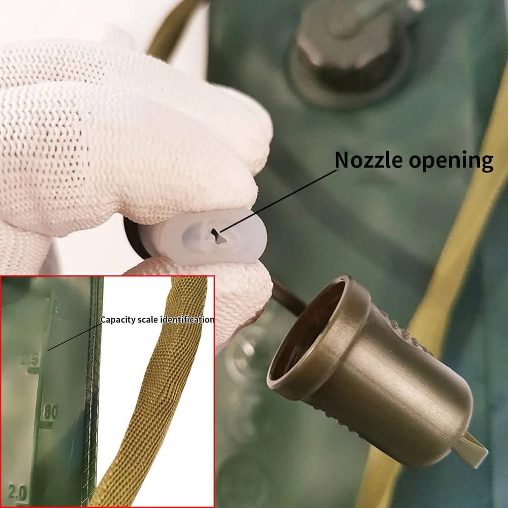 Military water bladder nozzle opening for easy hydration access