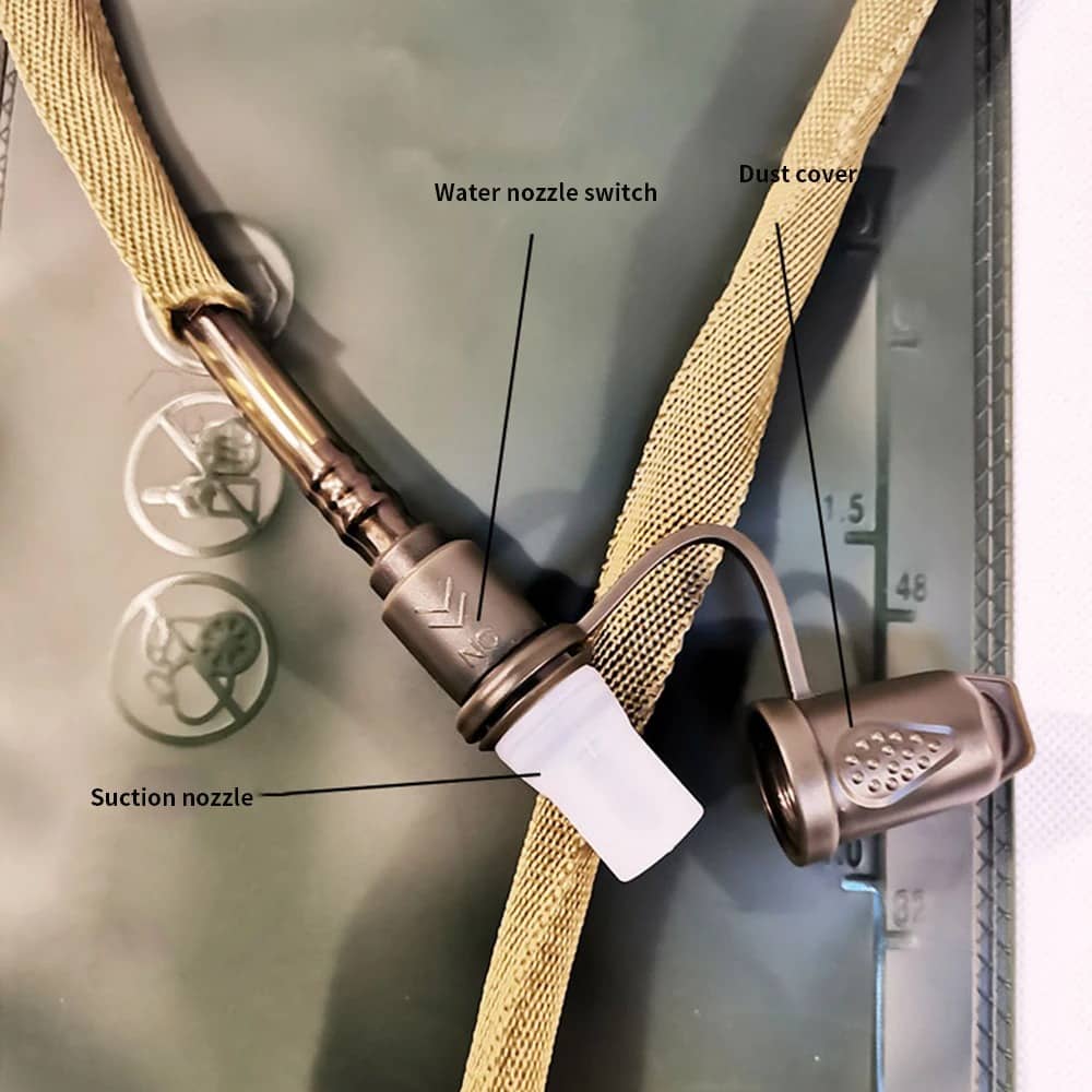 Hydration Pack with military water bladder, suction nozzle, and dust cover