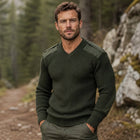 Military-Inspired Knit Sweater - V-Neck Outdoor Casual Pullover