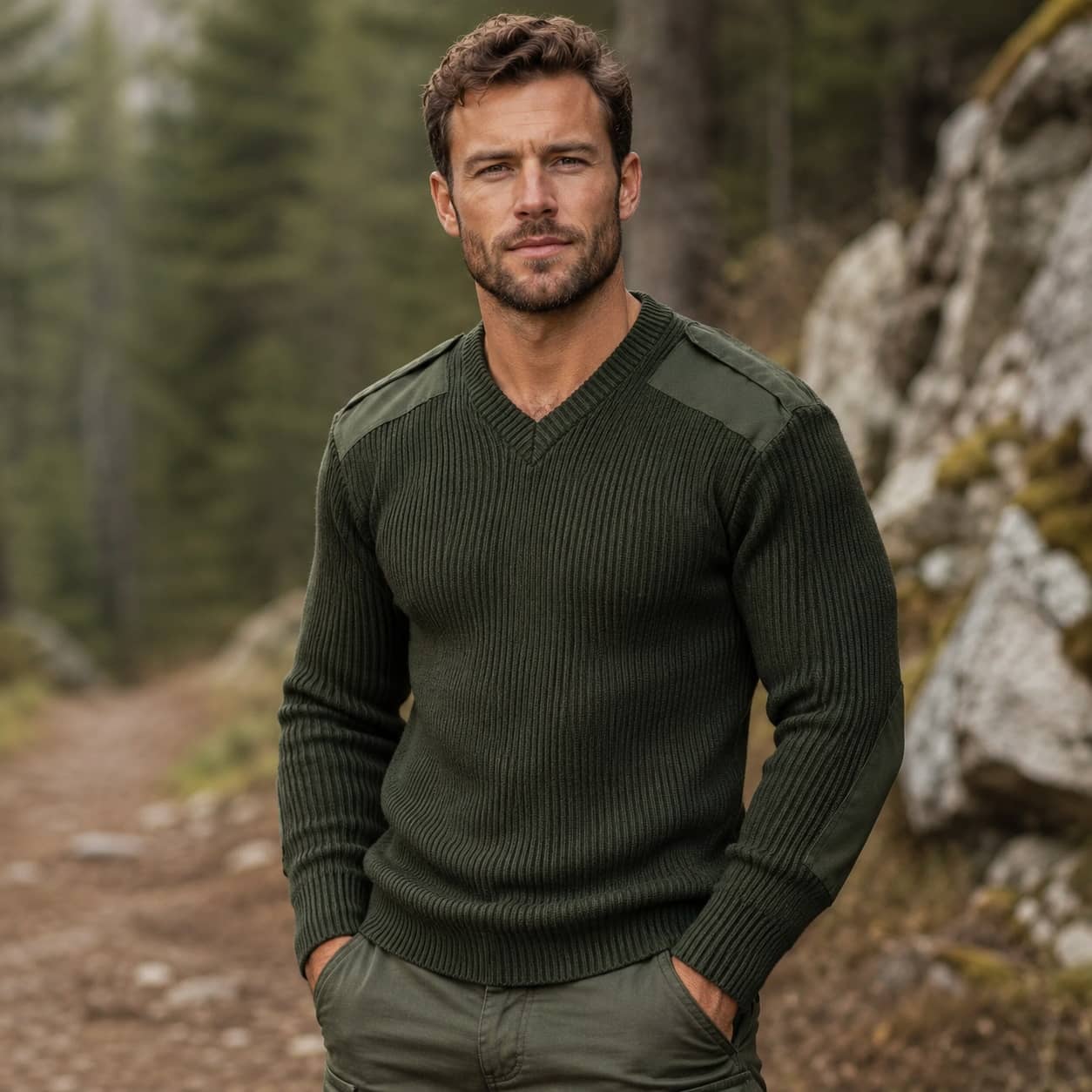 Military-inspired outdoor knit sweater with patch-style details in army green