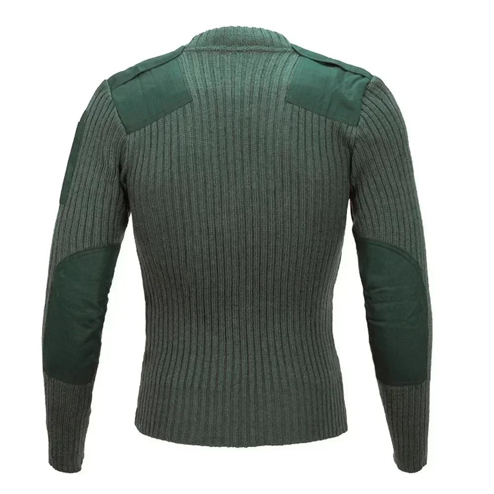 Military-Inspired outdoor sweater in green with ribbed design and patch detailing
