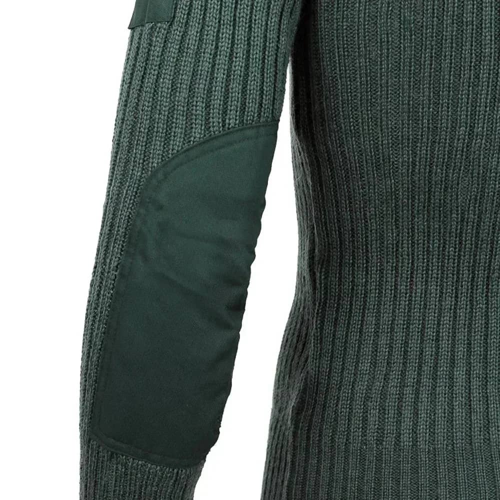 Military-Inspired outdoor sweater in green with reinforced elbow patches for durability