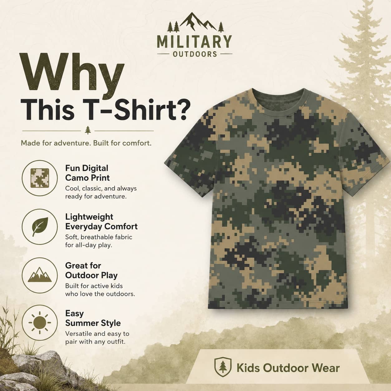 Kids camouflage t-shirt with digital camo design for outdoor play