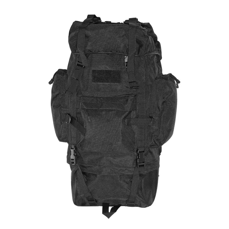 Military large rucksack in black, featuring multiple compartments and adjustable straps for outdoor adventures