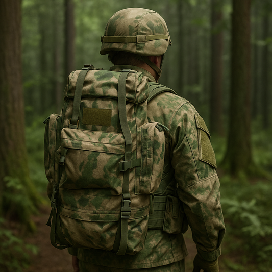Camouflage military large rucksack designed for outdoor use with ample storage and durability