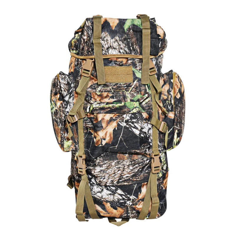 Military large rucksack in camouflage with adjustable straps and multiple compartments for outdoor adventures