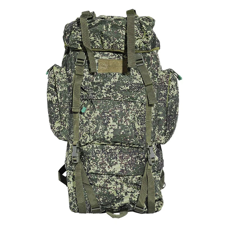 Military large rucksack in camo design with multiple compartments for outdoor use