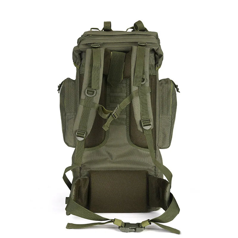 Military large rucksack with adjustable straps and padded back for comfort and durability