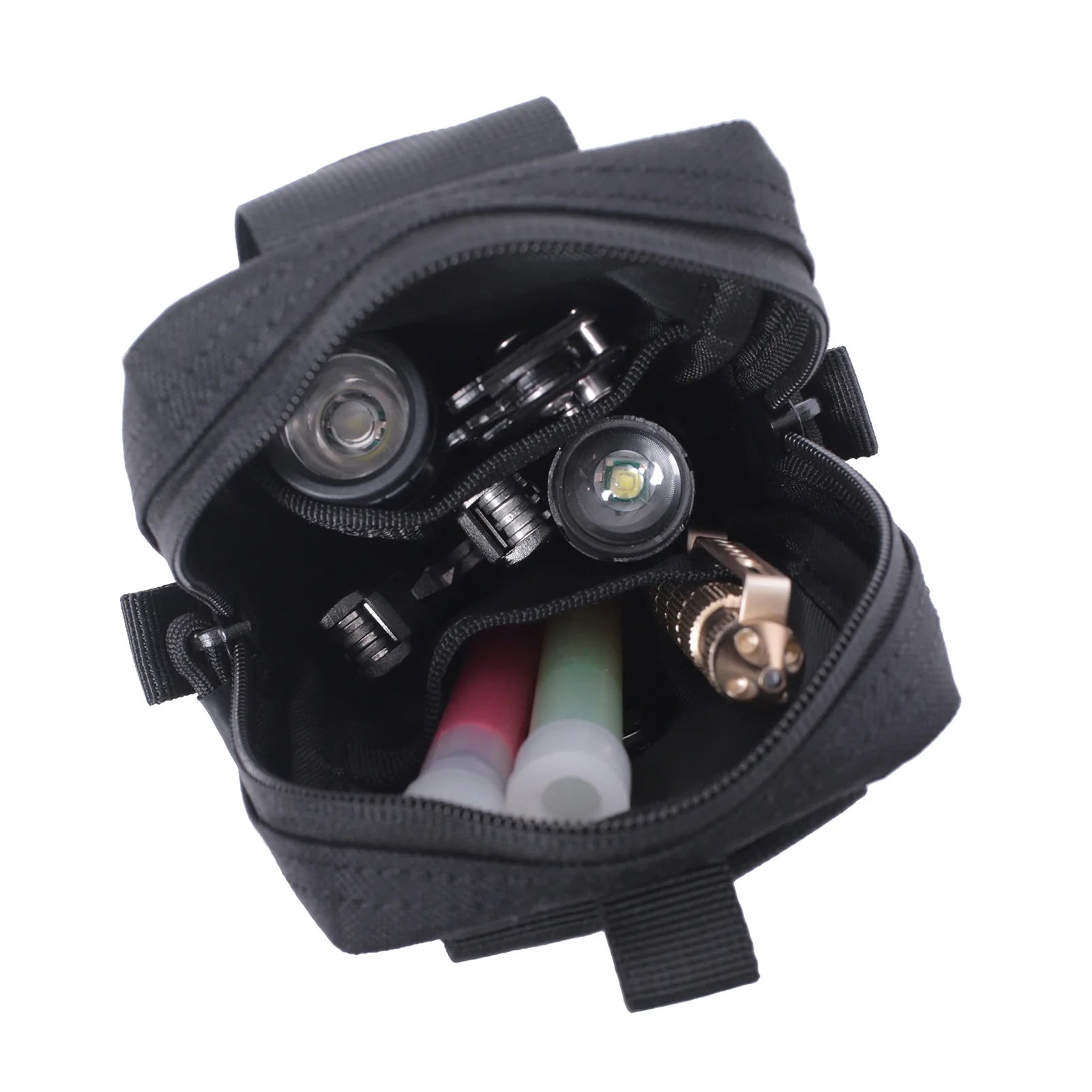 Open military multi-function pouch filled with tools, flashlight, and color markers for versatile use
